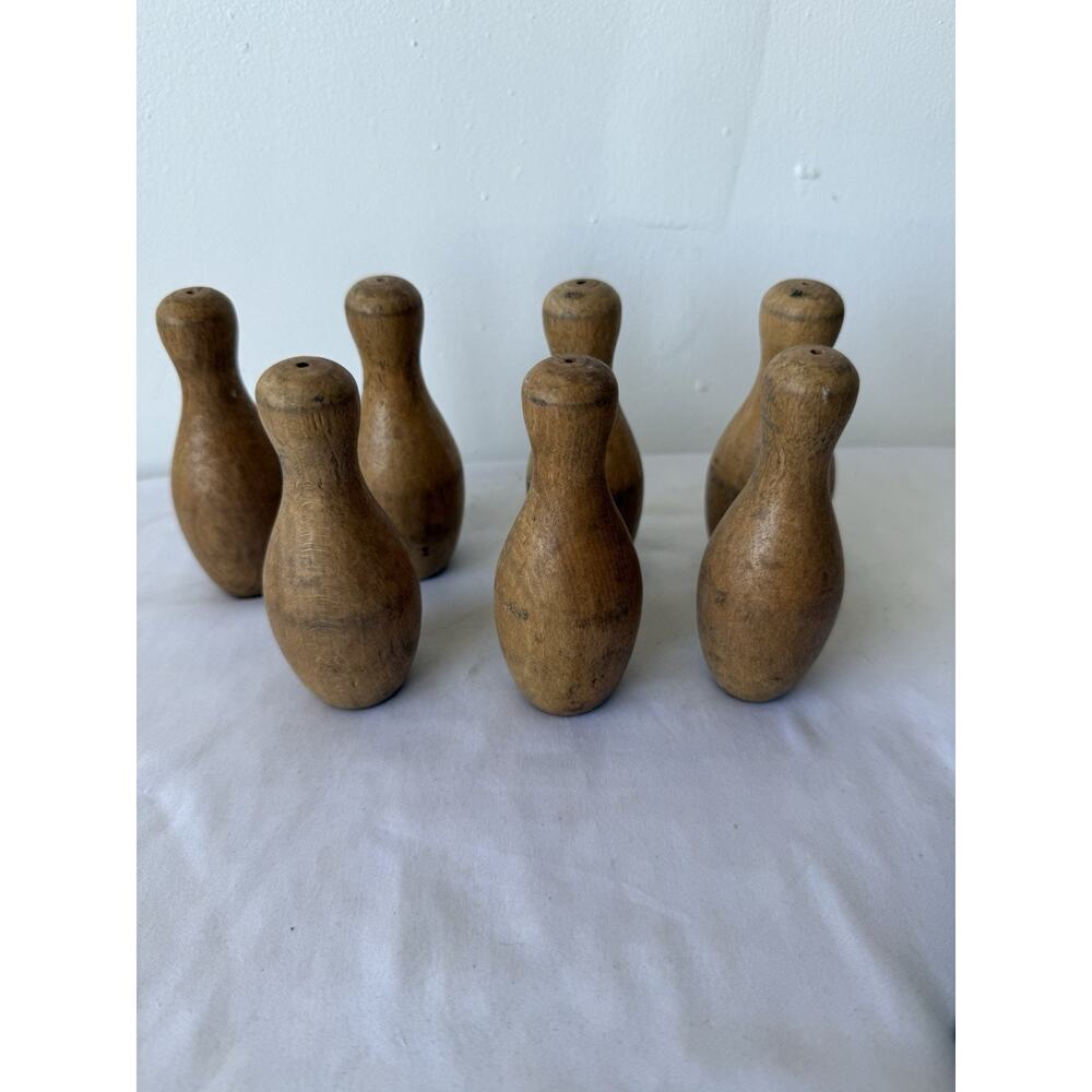 Vintage Wooden Tabletop Mini Bowling Pin Set , 6" Tall -7 Pins